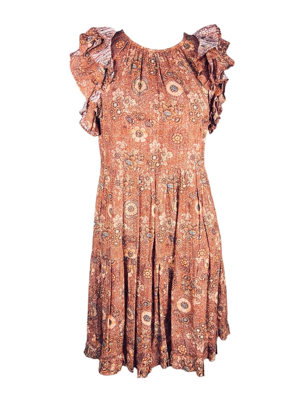 Ulla Johnson Adele Flutter Sleeve Tiered Mini Dress Rosebud Floral Pink Red Sz 8